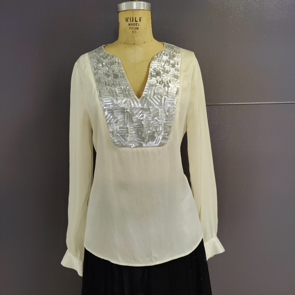 Julie Brown Silk Tunic with Embellished Silver Sequin V-neck - Size 6 - Picture 1 of 13